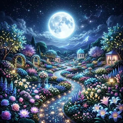 AI Flower Garden Under a Bright Moon