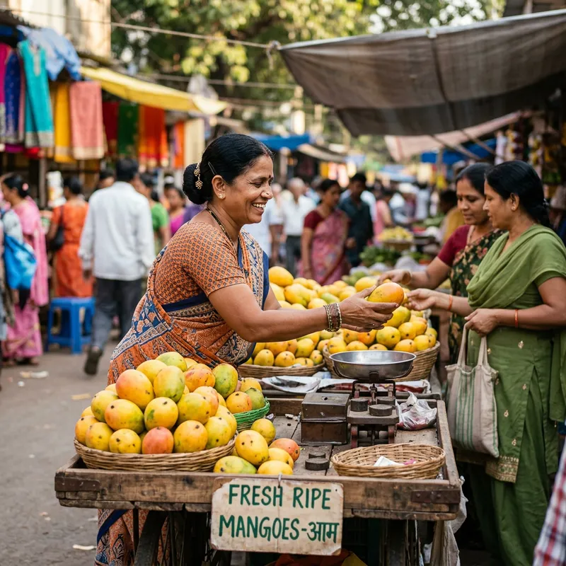 South Asian Woman Selling Fresh Mangoes at Market
