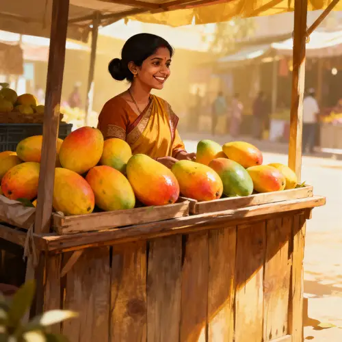 South Asian Woman Selling Fresh Mangoes at Market