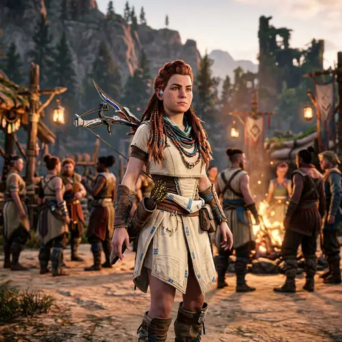 Auburn-Haired Female Character in White Dress with Futuristic Bow