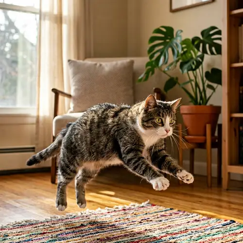 Playful Domestic Cat in Mid-Pounce Stance | Rich Grays & Whites