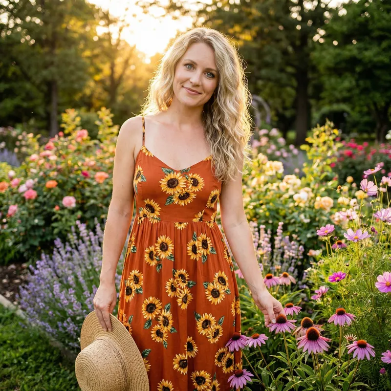 Splendid Blonde Woman in Orange Sundress | Garden Beauty