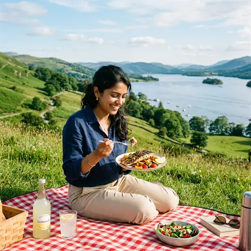 Serene Picnic Scene: South Asian Woman Enjoying Grilled Fish Outdoors