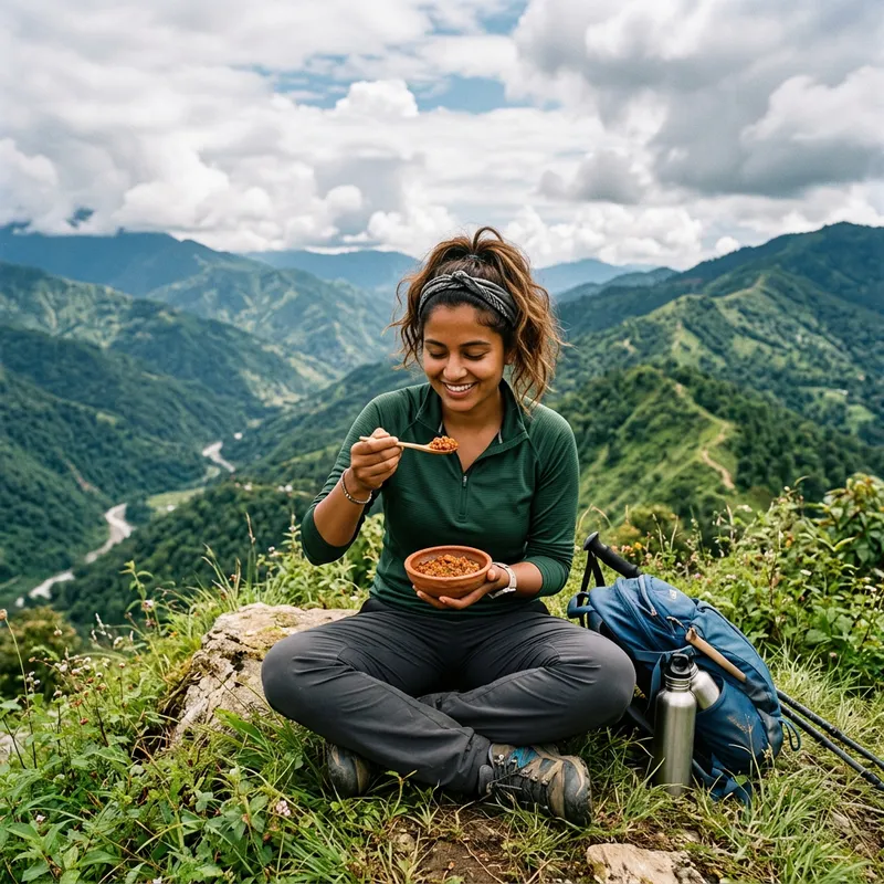 Woman Relishing Chutney Amid Hilltop Views