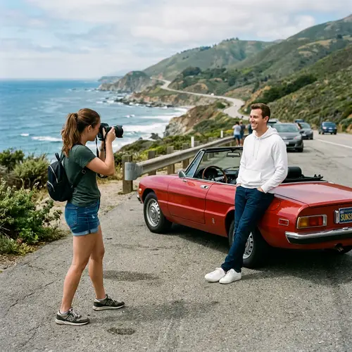 Woman Taking Photos of Man by Red Car
