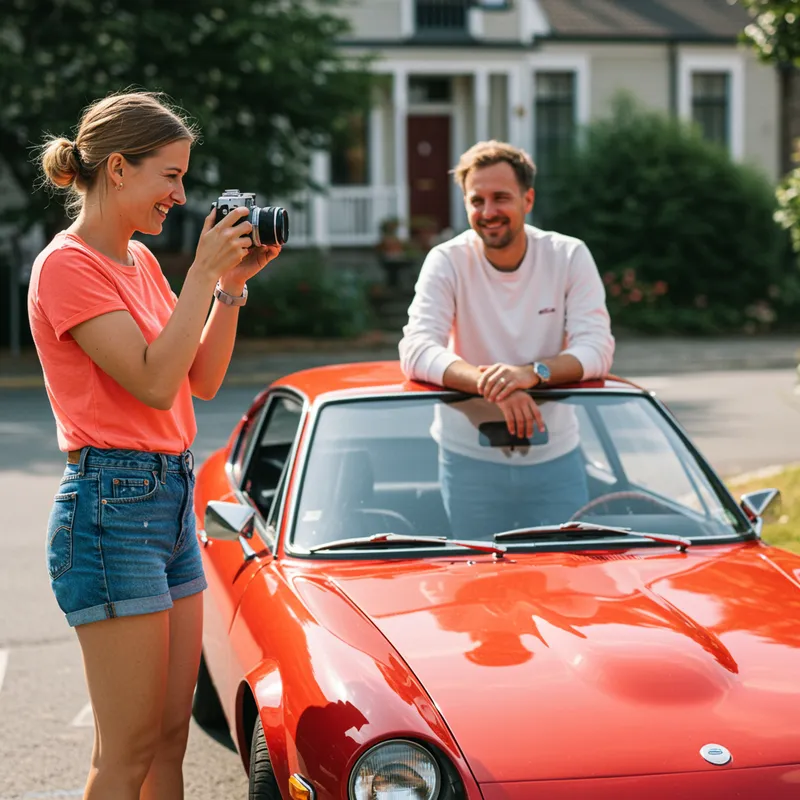 Woman Taking Photos of Man by Red Car