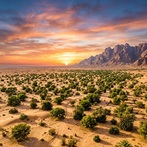 Desert Landscape with Verdant Trees | Majestic Mountains