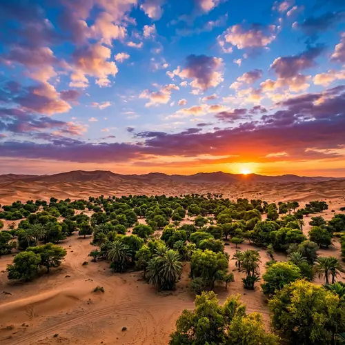 Desert Oasis: Lush Green Trees Against a Radiant Sky