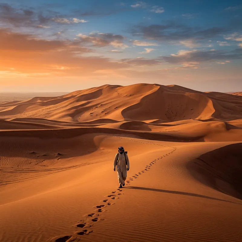 Expansive Desert Landscape: Solitary Middle-Eastern Figure at Sunset