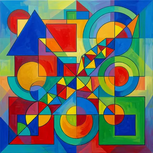 Vibrant Geometric Abstract Painting with Triangles, Squares, and Circles