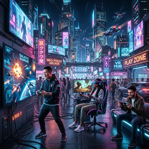 Cyberpunk Gaming Hub | Future-Themed Video Game Scene