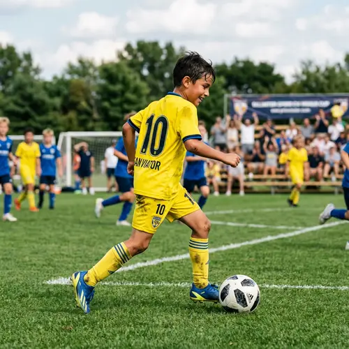 Young Boy Soccer Player with Number 10 Yellow Jersey - San Viator