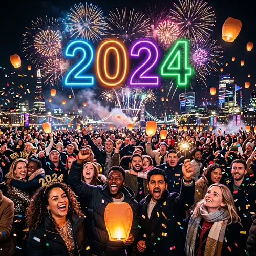 2024 New Year Celebration with Diverse Crowd and Fireworks Display