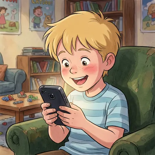 Disney-Style Blonde Boy Watching Phone with Love