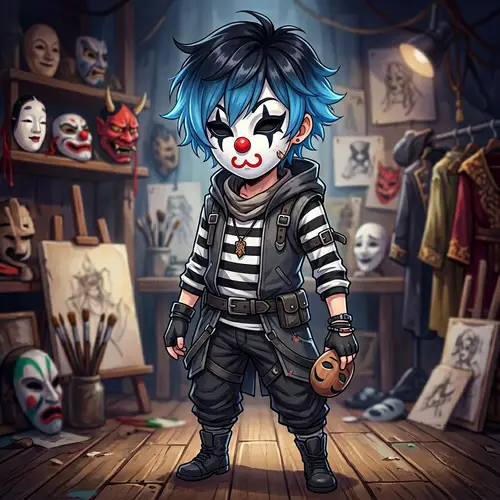 Anime Boy with Blue and Black Hair Mime Mask Concept Art
