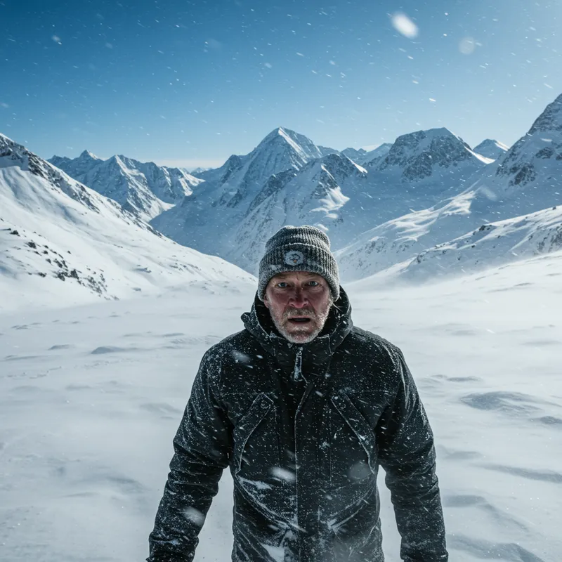 Person in Snowy Mountains Facing Camera