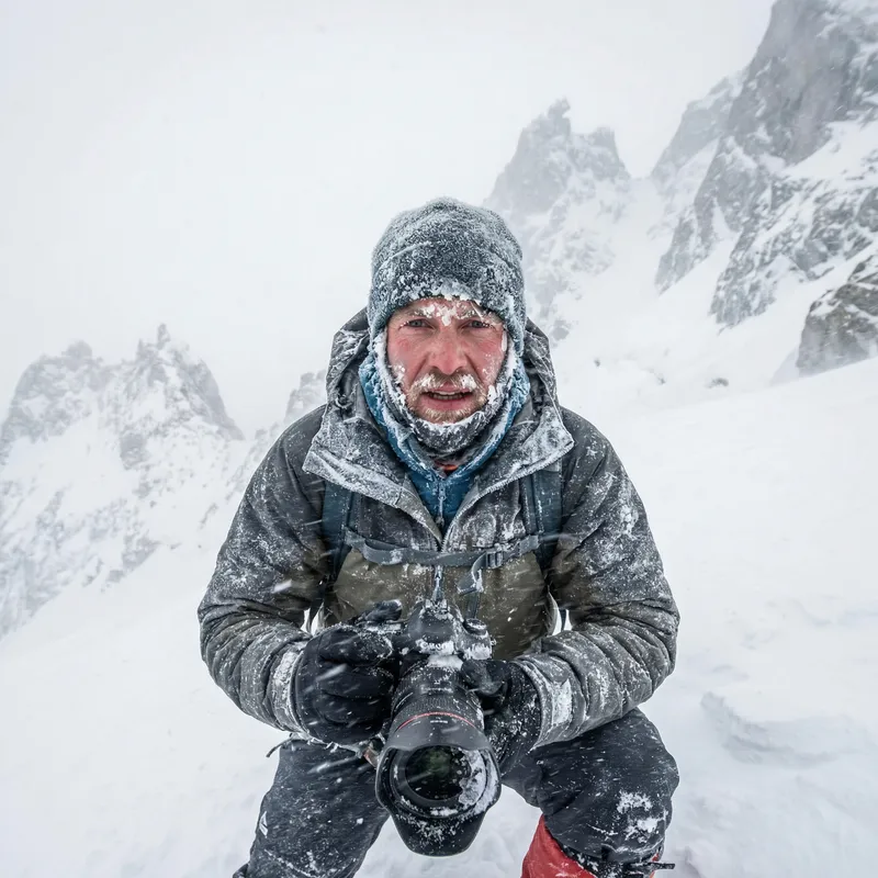 Person in Snowy Mountains Facing Camera
