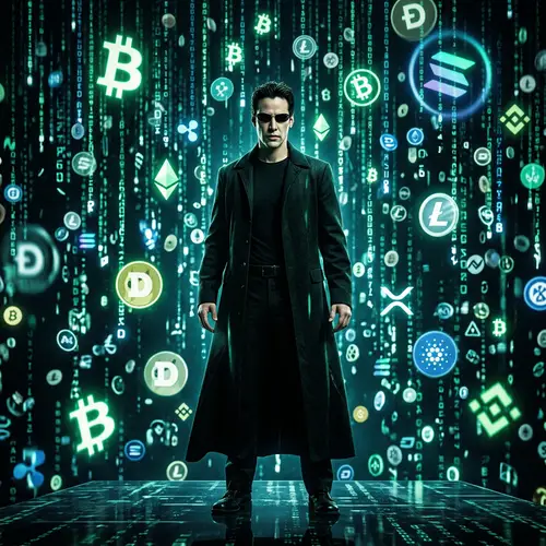 Neo in Glasses Among Falling Cryptocurrency
