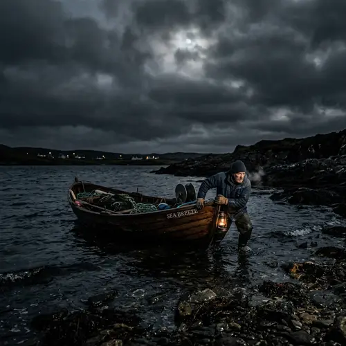 Fisherman Pushing Boat Under Cloudy Moonlit Night
