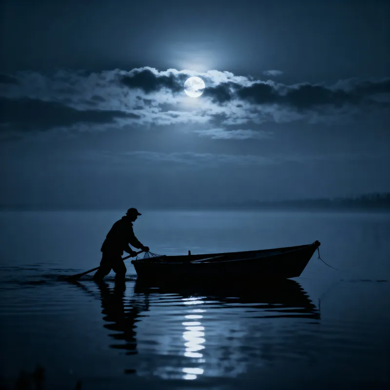 Fisherman Pushing Boat Under Cloudy Moonlit Night