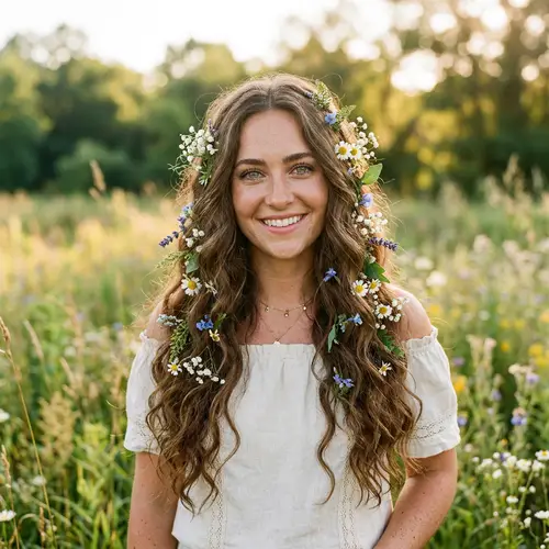Beautiful Women with Green Eyes and Flowered Hair