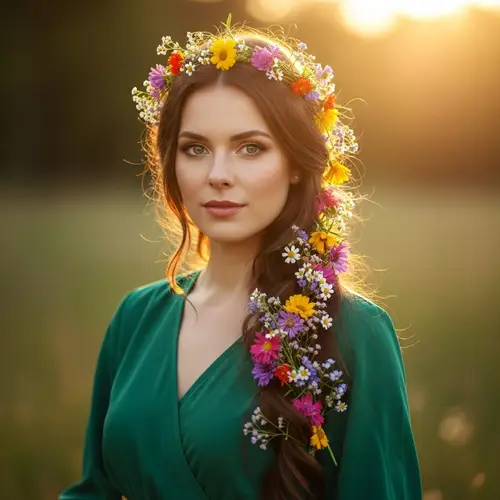 Beautiful Women with Green Eyes and Flowered Hair