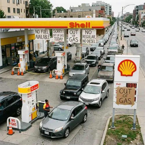 Gas Station Out of Fuel: Long Lines and Signs