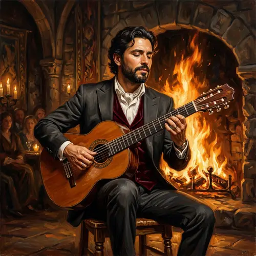 Elegant Portrait of Classical Guitarist with Dancing Flames