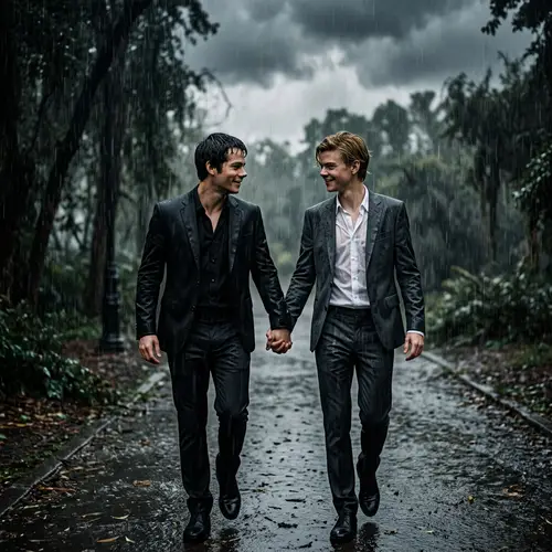 Maze-Themed Actor in Suit with Friend in Rainy Scene