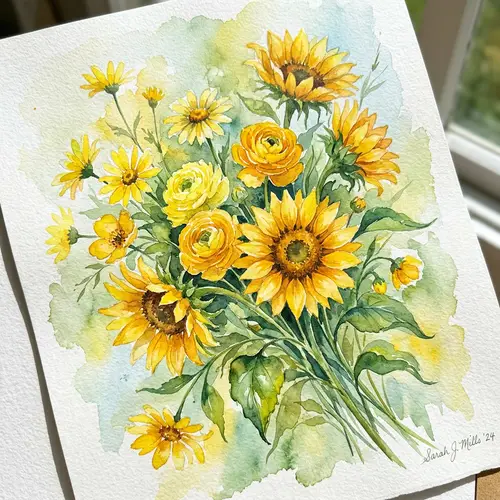 Radiant Yellow Flowers Watercolor Painting