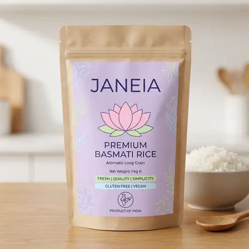 Minimalist Janeia Rice Food Label in Soft Colors | India-Inspired Design