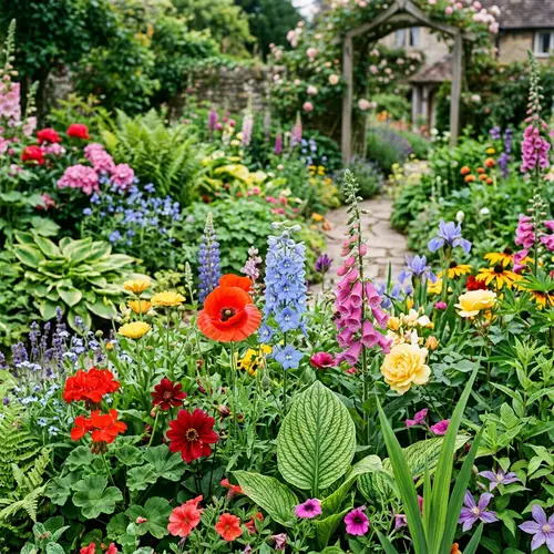 Vibrant Garden Scene with Blossoms and Leaves