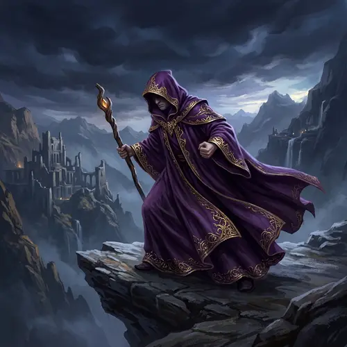 Mysterious Cloaked Figure in Fantasy Concept Art | Deep Purples & Shimmering Golds