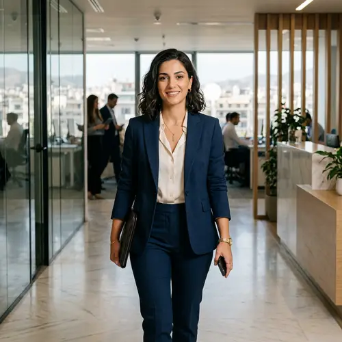 Stylish Greek Businesswoman in Tailored Suit
