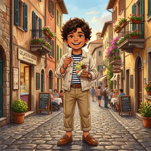 Italian Boy Illustration: Stylish Outfit & Gelato Scoop