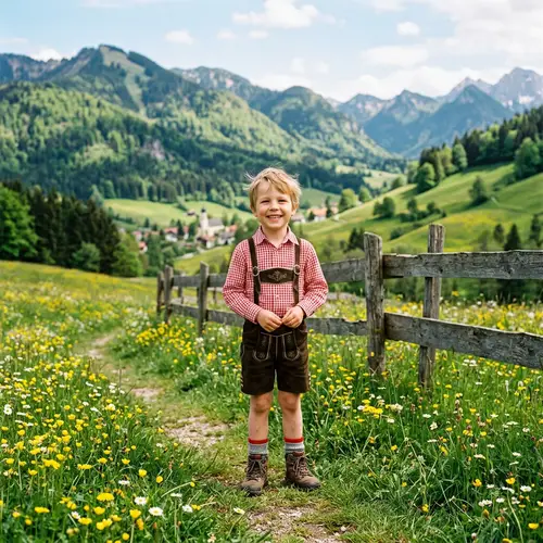 Young German Boy in Traditional Clothing in Vibrant Spring Landscape