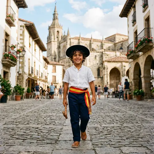 Young Spanish Boy in Traditional Attire | Charming Town Backdrop
