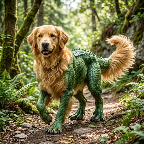Golden Retriever and Green Dinosaur Fusion Creation