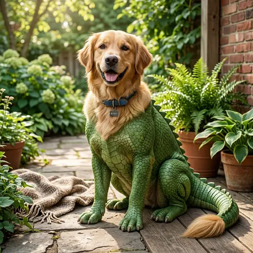 Golden Retriever and Green Dinosaur Hybrid Creature