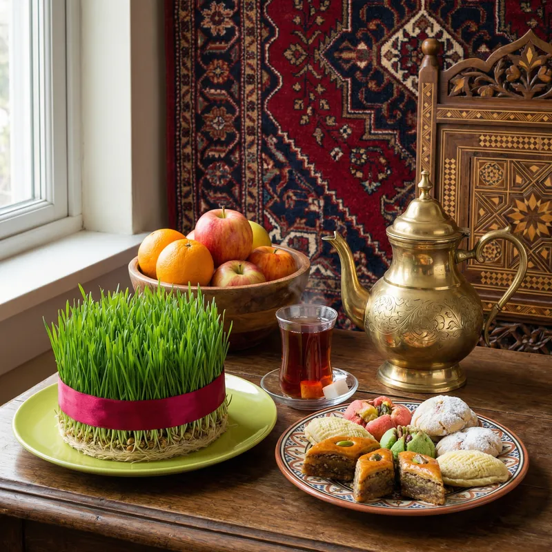 Vibrant Persian Still Life with Teapot, Pastries & Fruits