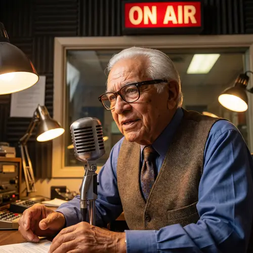 Elderly Hispanic Announcer with Deep Voice in Vintage Studio