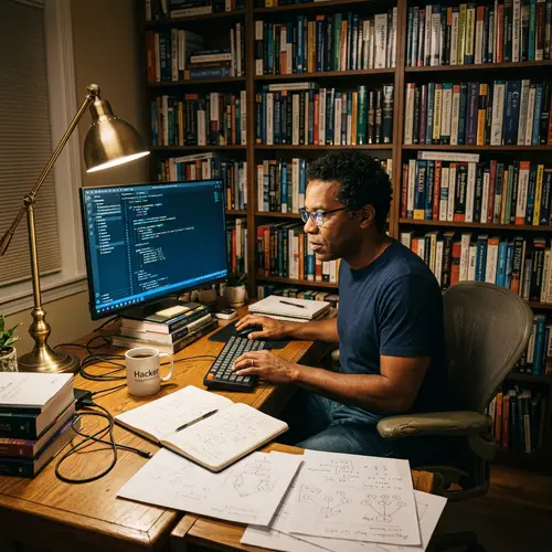 Middle-aged Black Man Coding at Wooden Desk | Coding Scene