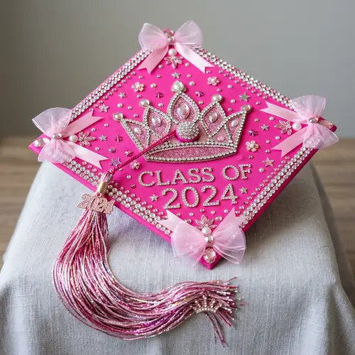 Bright Pink Princess Graduation Cap with Rhinestones and Tassel