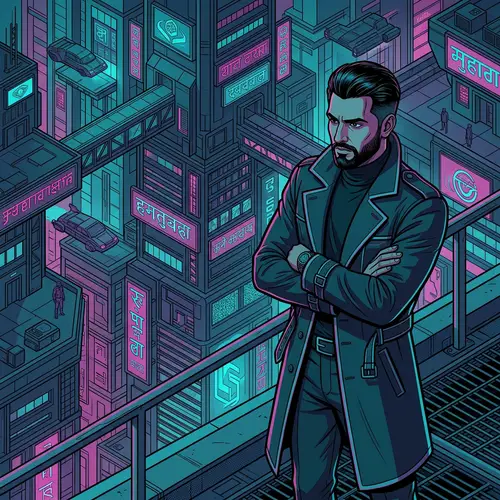 South Asian Mafia Man in Neon-Lit Cityscape | Futuristic Isometric Art