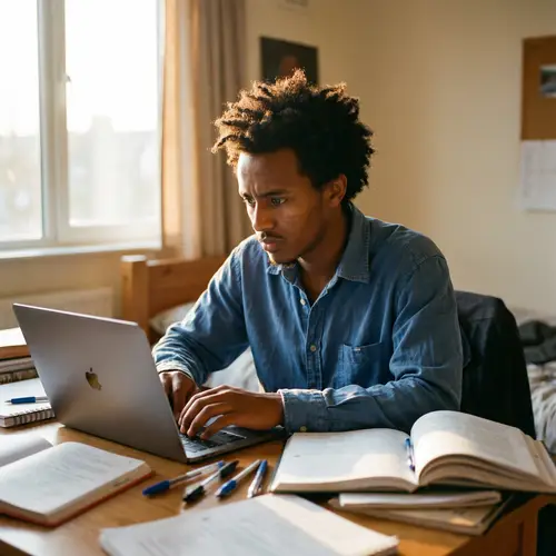 Young Ethiopian Male Student Studying Intensely at Wooden Desk