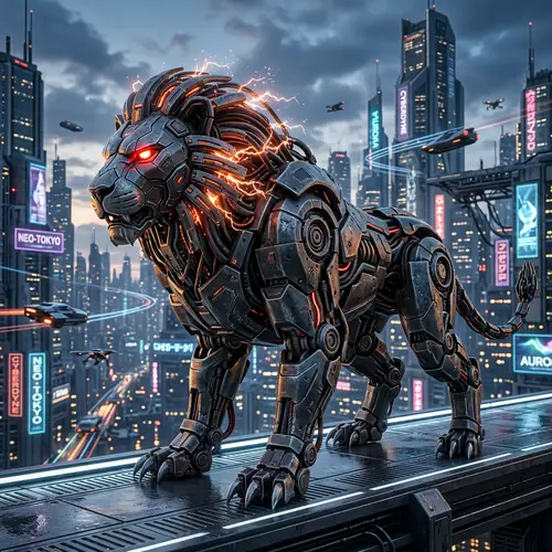 Futuristic Robotic Lion in High-Tech City