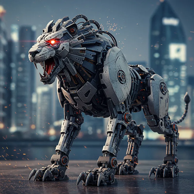 Futuristic Robotic Lion in High-Tech City