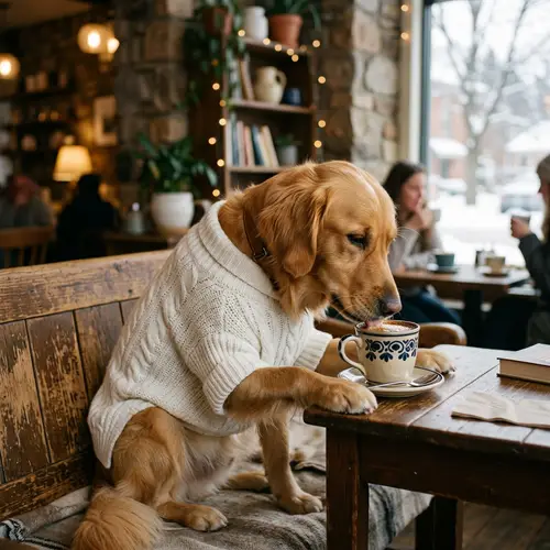 Cute Dog in a Sweater Enjoying Coffee