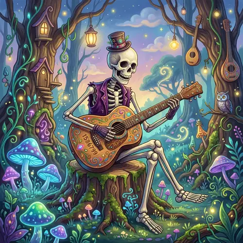 Whimsical Skeleton Guitarist Art