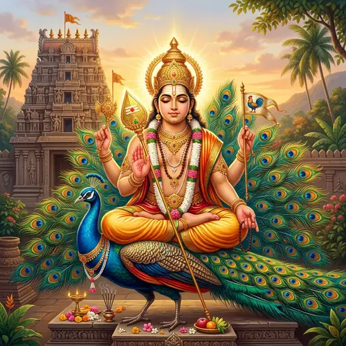 Lord Subramanya Seated on Peacock with Divine Spear | Serene & Brilliant Pose